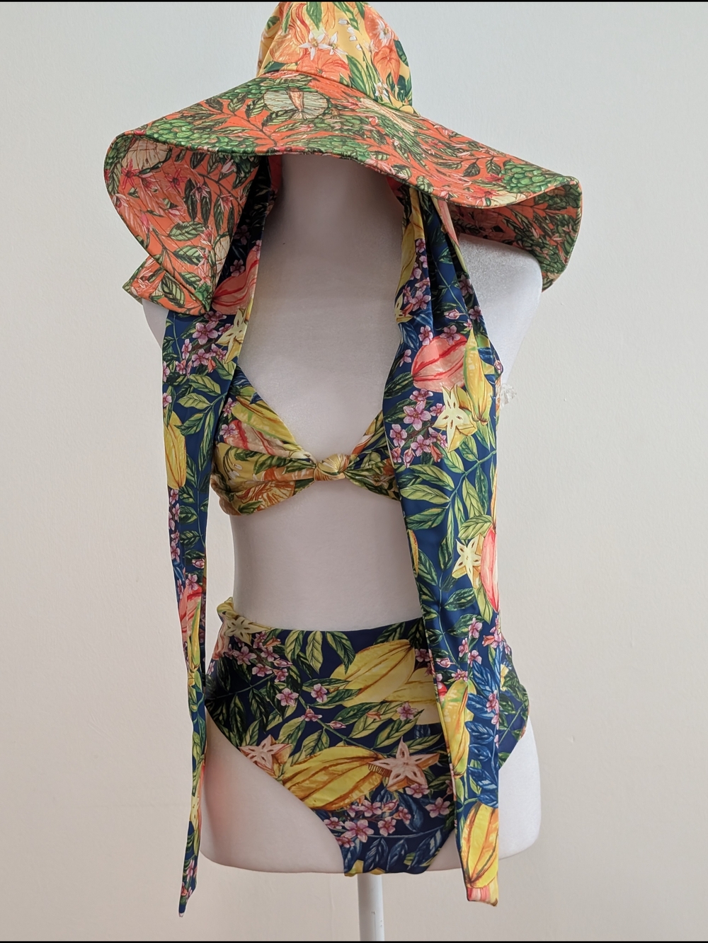 FARM RIO Reversible TOP (M), BIKINI (Small) SET with Wide Brim Hat